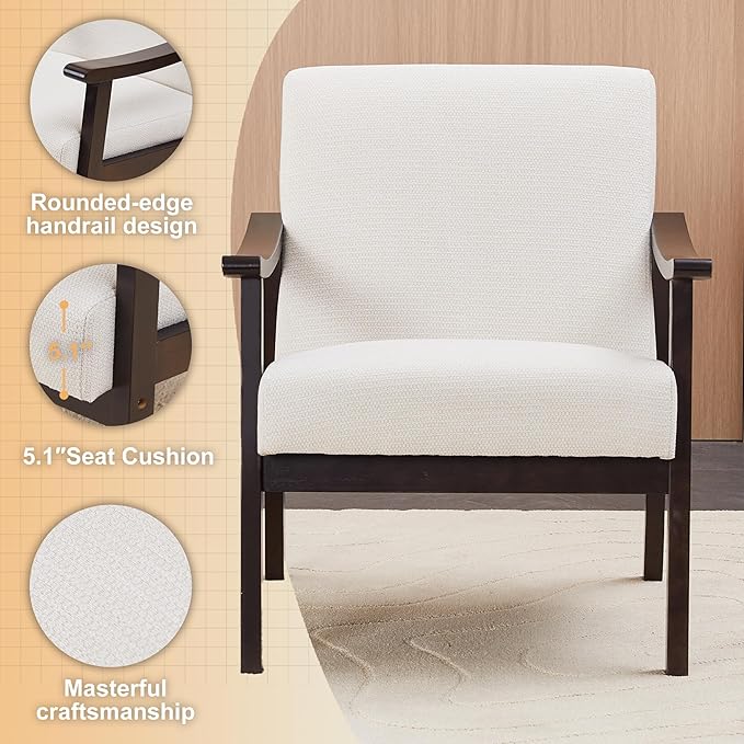 Mid-Century Accent Chair Upholstered Fabric Living Room Chair with Solid Wood Frame Modern Small Side Arm Chairs Comfy Wingback Reading Chair for Bedroom Office (Ancient White)