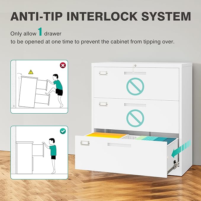 SISESOL 3 Drawer Lateral File Cabinet with LockWhite Lateral Filing CabinetHorizontal Metal Filing CabinetLocked Wide Three Drawer File Cabinet for Office HomeFit A4/F4/Letter/Legal File