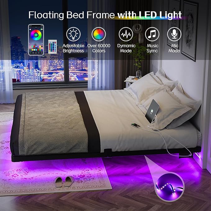 OLEVS King Size Floating Bed Frame Metal Platform with LED Light and Charging Station No Box Spring Needed Noise-Free Easy Assembly