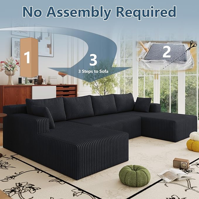 124 Corduroy U-Shaped Sectional Sofa Modern Modular Boneless 4-Seater Couch with 6 Pillows Upholstered Deep Seat DIY Cloud Sofa for Living Room No Assembly Required (Black)