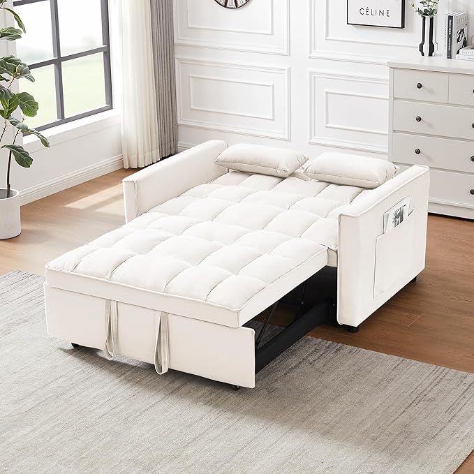 Sleeper Sofa Bed55 Inch Convertible 3-in-1 Pull Out Bed with Side Pockets Velvet Fabric Loveseat Sleeper Sofa with Adjustable Backrest for Living RoomBedroomApartment and Small Space(White)
