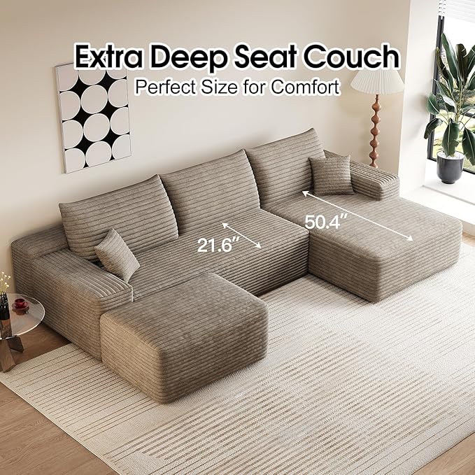 107 Comfy U-Shaped Sectional Modern Boneless Corduroy Couch with Chaise ‌and Ottoman‌ - No Assembly Required! Deep-Seat Upholstered Modular Cloud Sofa for Living Room Plush Corduroy Fabric(Camel)