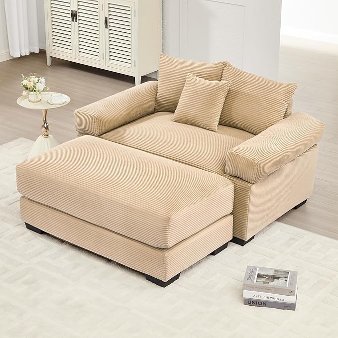 ERYE Modern Corduroy Upholstered Accent Chair and Ottoman Set Oversized Wider Seat Armchair Leisure Comfy Lounge Chaise with Removable CushionArmrests and 3 Pillows