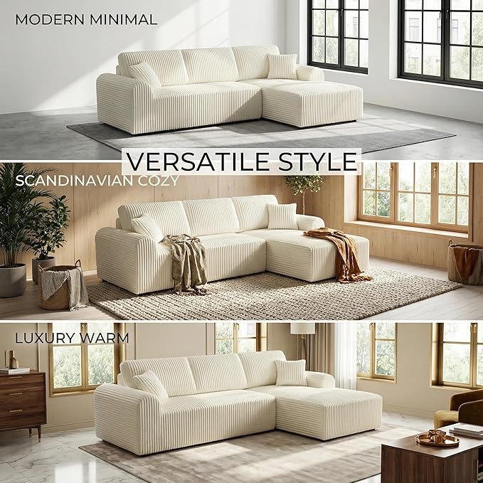 109“L-Shaped Sectional Sofa Boneless Couch Upholstery Cloud Modular Couch with Chaise No Assembly Required Corduroy Fabric Combination Deep Seat Living Room Bedroom(Cream Right Hand Facing)