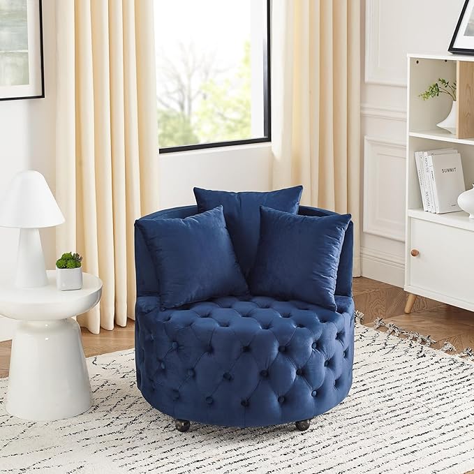 360° Swivel Accent Barrel Chair Velvet Comfy Round Chair with Button Tufted Design &amp 4 Moveable Wheels Upholstered Modern Lounge Reading Chairs for Living Room Bedroom Apartment Clubs(Blue)