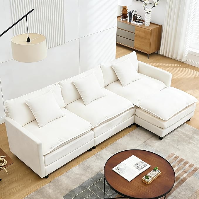 Modular Sectional Sofa108.27'' Modern Corduroy Sofa Set for Living Room with 3 Seat &amp 1 Ottoman &amp 3 Pillows Comfy Cloud Couches with Movable Ottoman DIY Combination Chenille (Beige L Shap