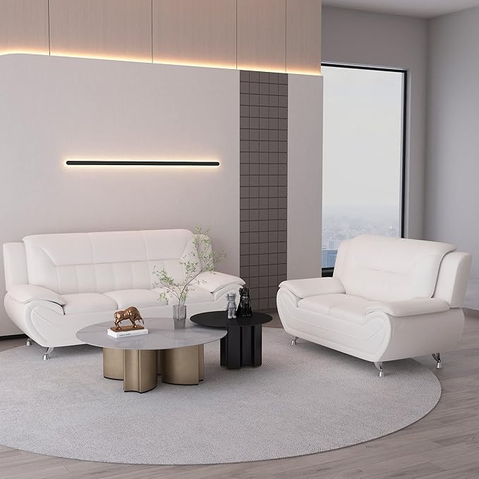 Michael Modern Faux Leather Upholstered Stainless Steel Legs Living Room Sofa Cream White