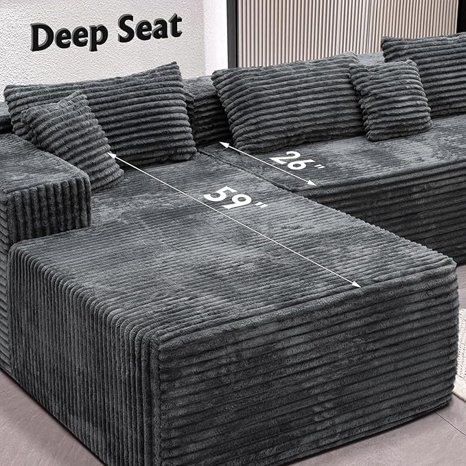 Boneless Modular Sectional Sofa Cloud Couch with Left Facing Chaise Oversized Deep Seat L-Shaped Soft Corduroy Fabric Sectional Couch for Living Room -Grey