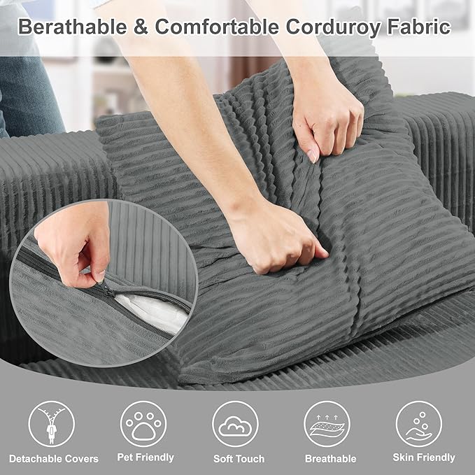 Redlife 117” Modular Sectional Sofa with Ottoman L Shaped Modular Couch Large Sectional Couches Corduroy Combination Sofas for Living Room Apartment Bedroom No Assembly Required Gray
