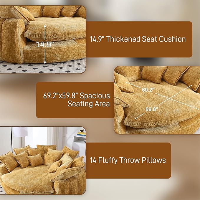 81 Round Sofa Bed Big Bean Bag Round Chaise Lounge Oversized Round Couch Boneless Reading Chair Plush Fluffy Chenille Large Chaise Chair for Living Room Bedroom Apartment Yellow