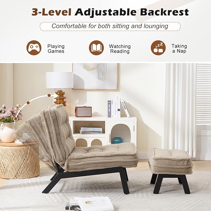 ANJ Accent Chair with Ottoman Adjustable Backrest Khaki Living Room Chair Tufted Upholstered Lounge Chair with Footrest Set Modern Chair Cozy Reclining Chair for Reading Room Bedroom