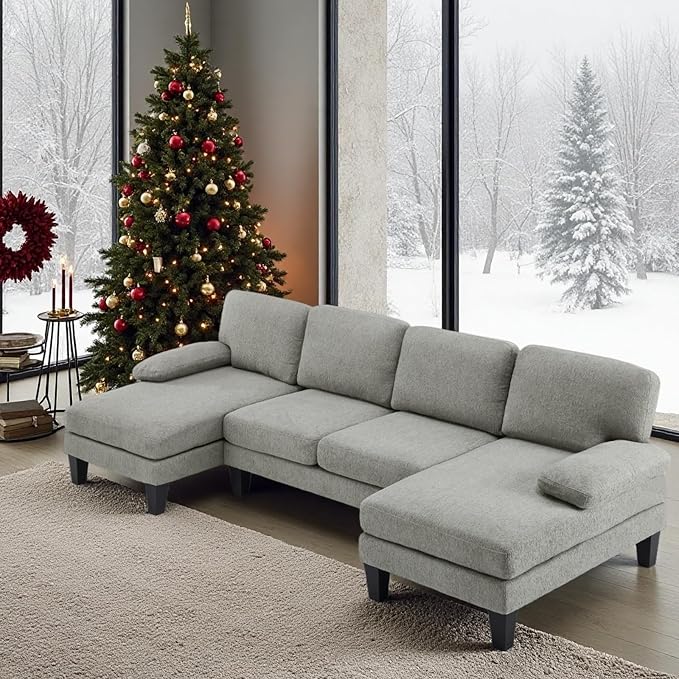 VINGLI 110' U-Shaped Sectional Couch with Two Chaise Affordable Small Sofa with 4 Seats Chenille Fabric Comfy Couches for Living Room Blue
