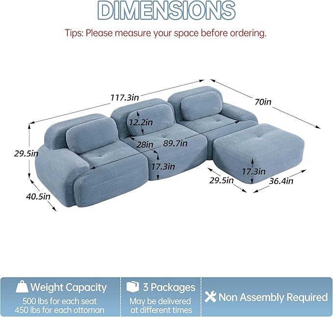 Cloud Sectional Couch Boneless L Shaped Couch 117.3'' Modular Sectional Sofa with Ottoman Modular Cloud Sofa 3 Seater Corduroy Deep Seat Couches for Living Room No Assembly Couches Blue