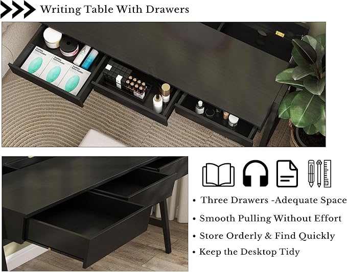 HNY 59 Inches Black Wooden Writing Desk with 3 Drawers Computer Study Table with MDF Top Solid Rubberwood Legs and Hidden Cable Management Holes Corner Makeup Vanity Desk for Home Office Bedroom