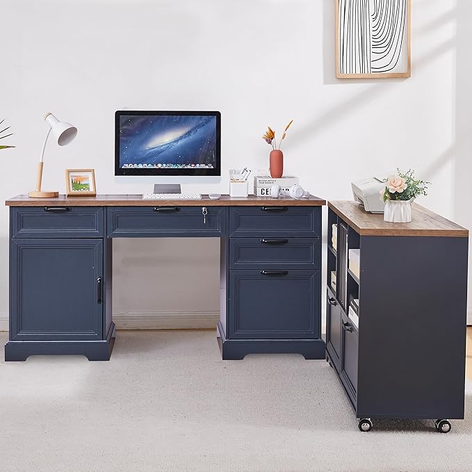 60 Farmhouse Executive Desk with 40 Mobile File CabinetL Shaped Desk Set with Charging StationOffice Desk with Storage DrawersWood Computer Desk Set for Office WorkHome Study