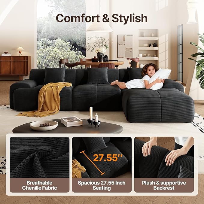 113 Modern L-Shaped Modular Sectional Sofa for Living Room Corduroy Upholstery Black 3-Seater Cloud Couchand Movable Ottoman – No Assembly Black