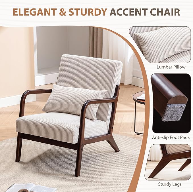 Mid Century Modern Accent Chair Arm Chair Living Room Chairs with Lumbar Pillow Upholstered Lounge Reading Chair with Solid Wood Frame &amp Corduroy Fabrics for Living Room Bedroom (Beige)