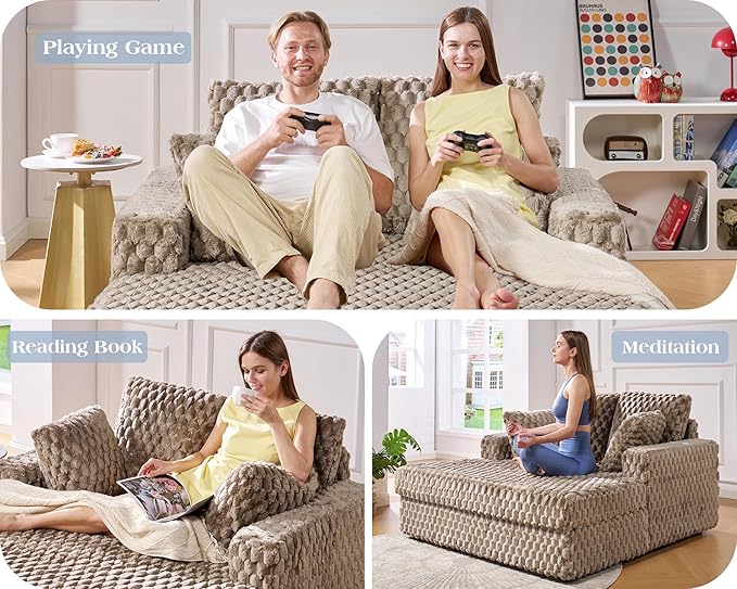 VanAcc Upholstered Sofa Bed Chaise Lounge Indoor with Armrests and Throw Pillows Plush Chair Bed for Living Room Sleeper Chair(Brown)