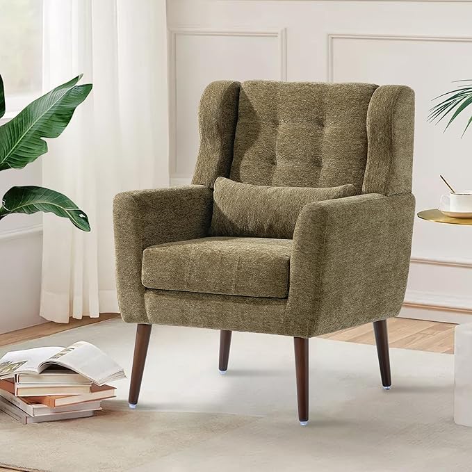 Modern Accent Chair Upholstered Arm Chair with Waist Pillow Single Sofa Chair for Living Room Bedroom Small Spaces (Olive)