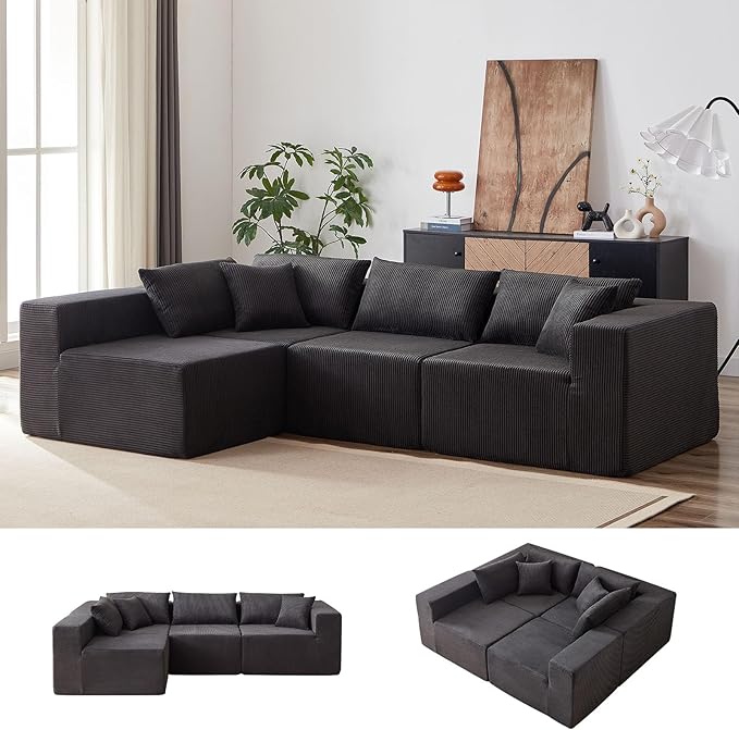 104” Modular Sectional Sofa Cloud Sectional Couch with Deep Seat Modern Modular L-Shape Sofa Couch with Chaise Upholstered Couches Sleeper Sofa Bed for Living Room Bedroom (Corduroy Black)