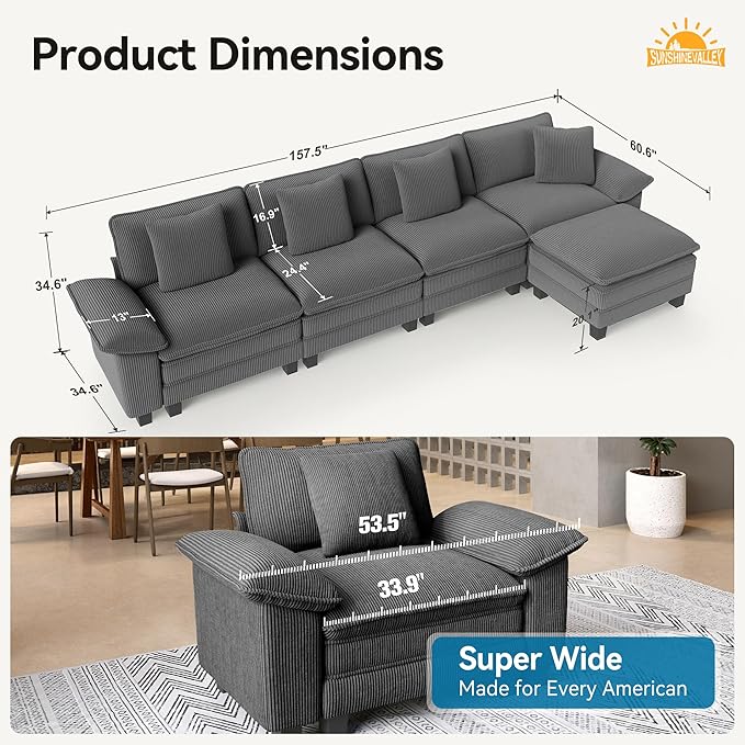 L Shaped Modular Cloud Couch 157.5'' Oversized Corduroy Sectional Sofa with Wider Armrest and Ottoman Upholstered 5-Seat Modern Deep Seat for Bedroom Living Room Grey