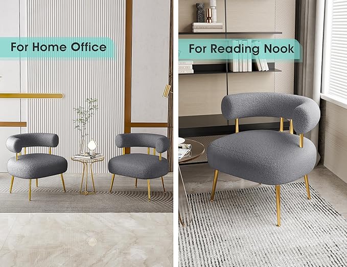 Mid Century Sherpa Boucle Accent Chair Round Upholstered Barrel Arm Chair for Small Spaces Fluffy Side Corner Sofa Chair for Living Room Bedroom Vanity Office Reading Nook(Grey)