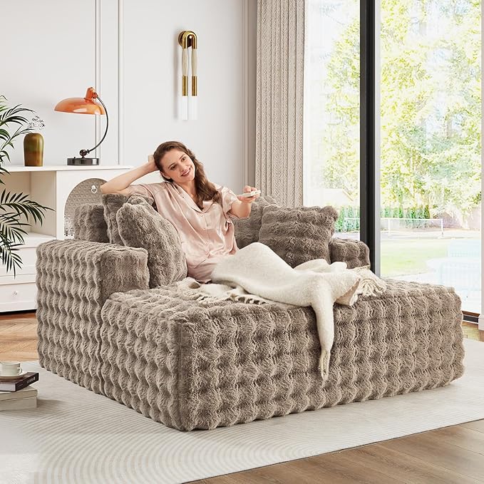 56 W Oversized Chaise Lounge Chair IndoorPlush Faux Fur Sleeper Couch Sofa Bed with PillowsFluffy Comfy Cloud SofaCompression Foam Boneless Couch for Living RoomBedroom(Bubble Brown)