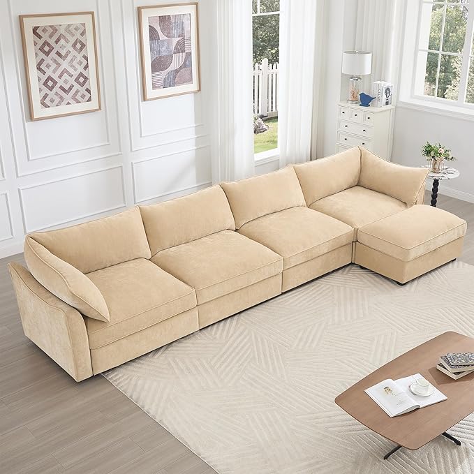 Aoowow Modular Sectional Sofa with Pullout Storage Seat 146.4” L-Shaped Chenille 4-Seat Sofa Couch with Storage Ottoman Upholstered Deep Couches for Living Room Apartment OfficeWheat