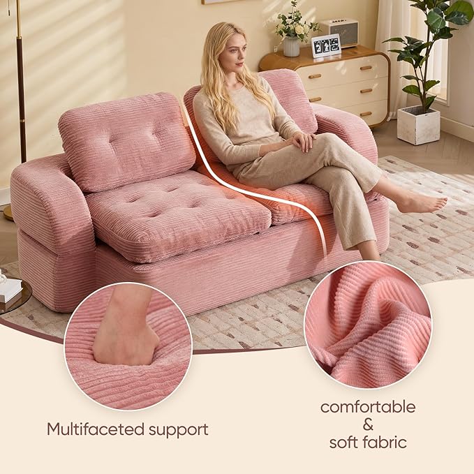 Sofa Bed Couch Convertible Futon Sofa Bed Foldable Boneless Couch No Assembly Love Seat Mattress Sleeper for Living Room Bedroom Apartment Pink