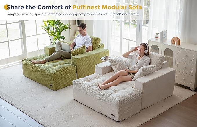 MAXYOYO Modular Sectional Chaise Lounge Sofa Upholstered Lounge Chair with Ottoman Comfy Couch with Layered Cushion Tufted Upholstered Sleeper Chair for Living Room No Assembly Beige