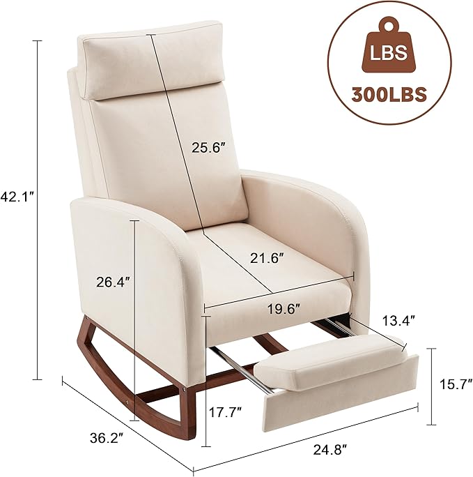 Rocking Chair with Foot Rest Ergonomic Nursery Chair with High Back Baby Glider Rocker Nursing Chair Accent Living Room (Linen Beige)