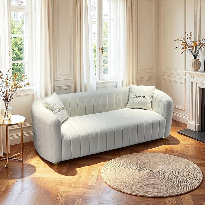 Modern Lambswool Loveseat Sofa Couch for Living Room 84 Comfy Upholstered 3 Seater Sofa Couch with Gold Metal Legs &amp 2 Pillows Luxury Sectional Sofa for Bedroom Office Apartment Creamy-White