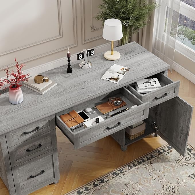 Farmhouse 61'' Executive Desk with 5 Drawers Rustic Office Desk Computer Desk with Charging Station File Drawers and Storage Cabinet Wood Workstation for Study and Home Office(Grey)