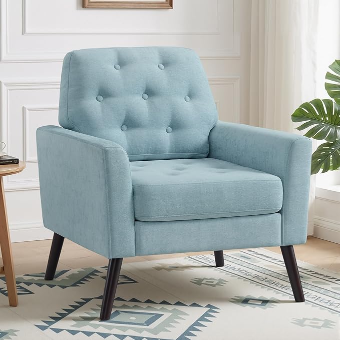 Accent Chair for Living Room Mid Century Modern Reading Chair Upholstered Armchair with Tufted Back &amp Wood Legs Single Sofa Side Chair for Bedroom Small Room Office Apartment Teal Green