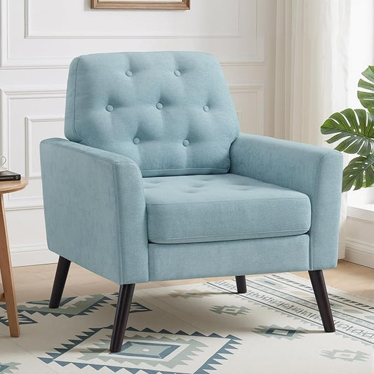 Accent Chair for Living Room Mid Century Modern Reading Chair Upholstered Armchair with Tufted Back &amp Wood Legs Single Sofa Side Chair for Bedroom Small Room Office Apartment Teal Green