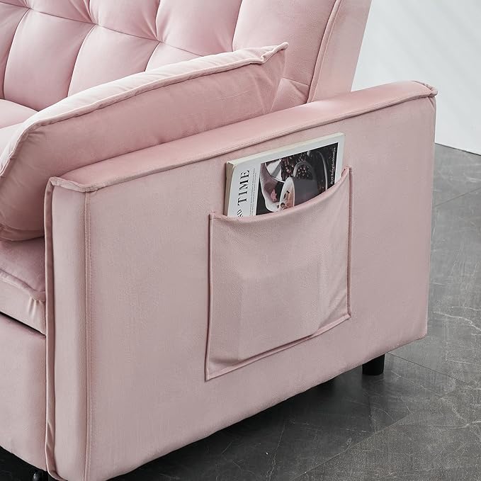 55 Modern Velvet Loveseat Sleeper Sofa 3-in-1 Convertible Pull-Out Bed with Adjustable Backrest 2 Pillows &amp Side Pockets Small Pull Out Couch for Living Room Apartment(Pink)