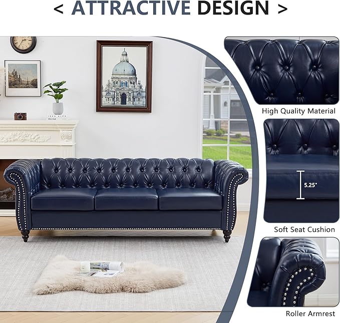 ORRD Chesterfield Sofa Leather Modern Faux PU Tufted Couch 3 Seater with Rolled Arms and Nailhead for Living Room Bedroom Office Apartment (Blue)