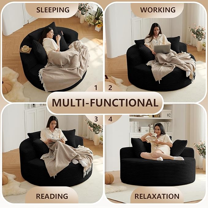55'' Oversized Round Chair Lounge Chaise Indoor Cloud Boneless Large Circle Chair with Plush Corduroy No Assembly Required Fluffy Modern Sleeper Sofa Bed for Reading Living Room Bedroom(Black)