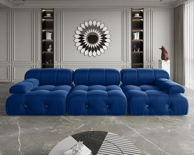 104 Velvet Modular Sectional Sofa Luxury Modern 3-Seater Sectional Couches for Living Room Bedroom Office Apartment (Blue)