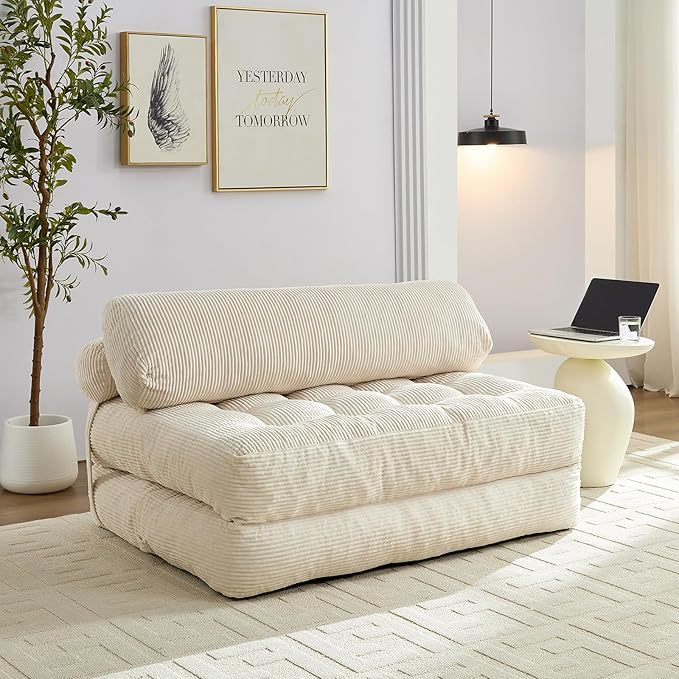 ijuicy 50 W Folding Sofa BedCorduroy Futon Sofa Bed Convertible Sleeper Chair with Pillow Foldable Mattress with Back Support Floor Couch for Adults for Living RoomNo Assembly（Beige/Full）