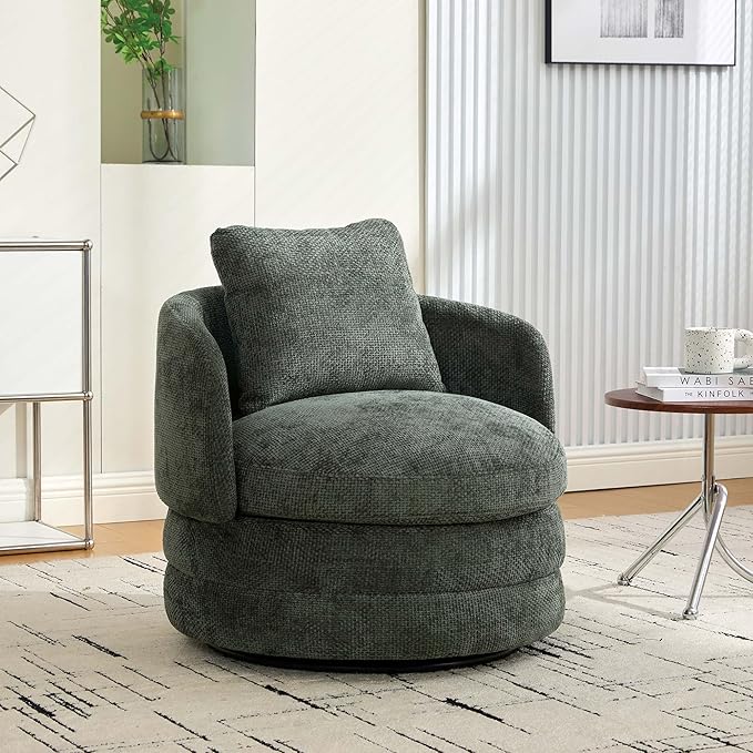360° Small Swivel Accent Chair Round Swivel Barrel Chair with Round Backrest &amp Wide Seat Comfy Chenille Barrel Chairs for Living Room Bedroom Easy 15-Min Assembly Boucle (Green)