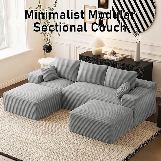 Modular Sectional Sofa Cloud Couch 108'' Comfy U Shaped Sectional Couches for Living Room Deep Seat Cozy Fluffy Corduroy Boneless Couch Sectionals Sofa with Movable Ottomanm Light Grey