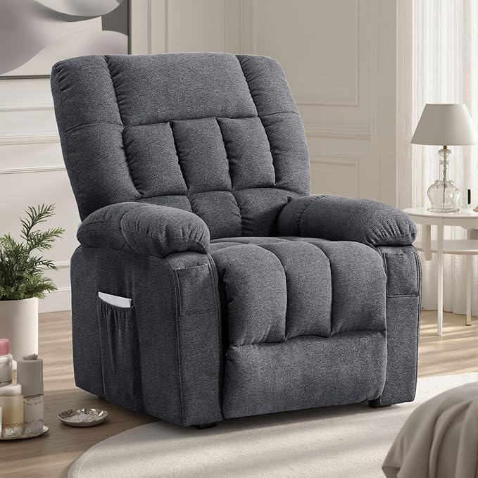 Sweetcrispy Power Lift Recliner Chair with Vibration Massage and Heat for Elderly Ergonomic Overstuffed Breathable Fabric Reclining Chair with 3 Pockets Remote Control Living Room Light Brown