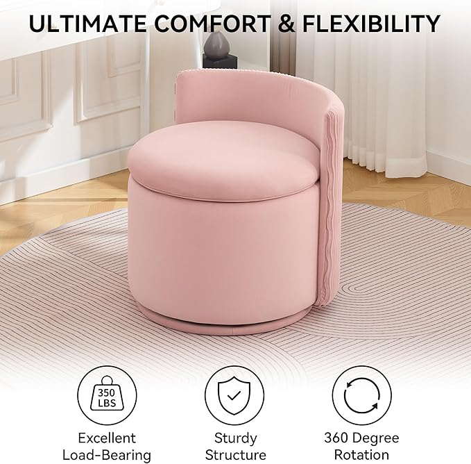 Large Velvet Vanity Chair with Storage 360° Swivel Makeup Chair with Wave Back No Assembly Small Accent Stool for Bedroom Dressing Living Room Pink