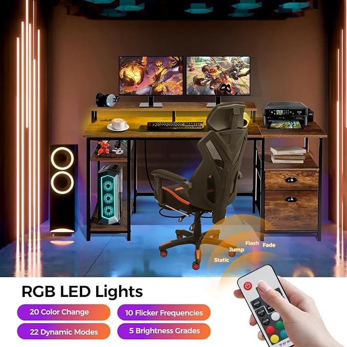 Panana 61.4 Computer Desk with Power Outlet and LED Lights Desk with 2 Fabric File Cabinet Drawer Large Reversible Gaming Desk with Shelves and Monitor Stand Writing Study Desk for Home Office