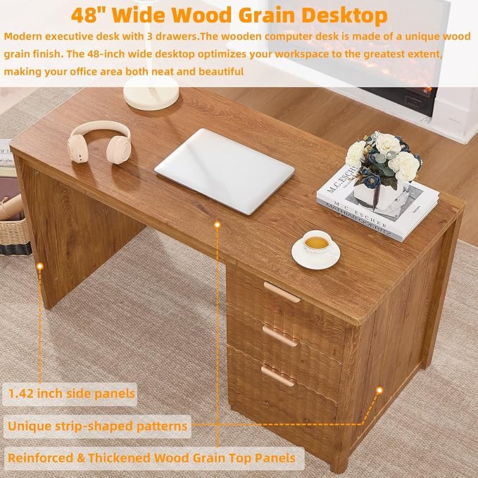48 Modern Fluted Home Office Desk with Storage Cabinet Brown Wood Executive Desk with File Drawer &amp Golden Handles Large Computer Writing Table for OfficeStudy Living Room Bedroom