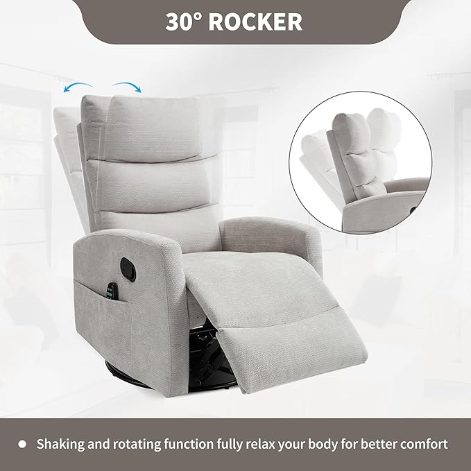 PELUMY 360° Swivel Rocker Recliner with Heat &amp Vibration Massage Glider Rocking Chair for Adults Compact Recliner for Living Room Small Spaces Nursery Bedroom (Chenille Light Grey)