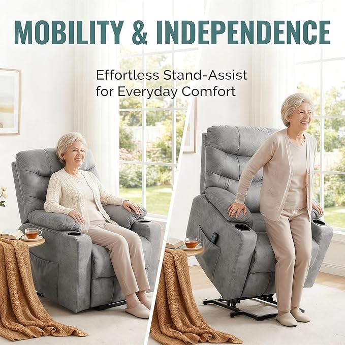 Homdox Power Lift Recliner Chair for Elderly Heavy Duty Electric Lift Reclining Sofa with Remote Control Assist Function Heated Massage and Side Pockets Ideal for Living Room (Grey)
