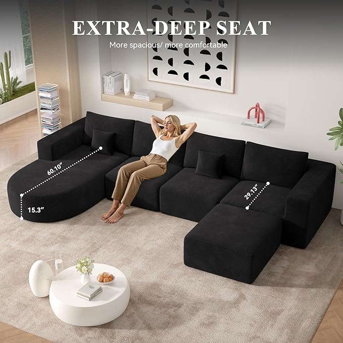 134 Boneless Couches for Living RoomLarge U-Shaped Modular Sectional Sofa with Convertible OttomanModern Cozy Cloud Couch in a BoxSponge Compression Deep Seat Sofas with ChaiseBlack1pcs