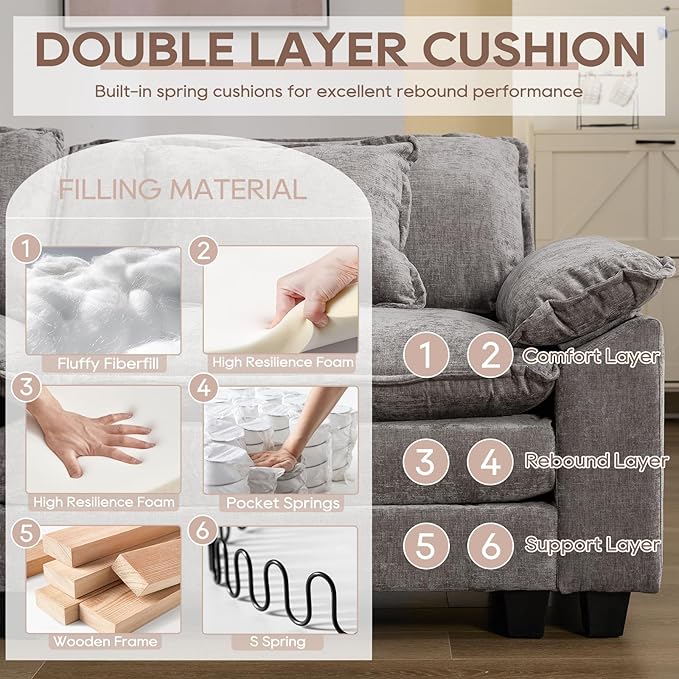 IPKIG 82.6 Sectional Sofa Cloud Couch Modern Chenille Comfy Upholstered 2-Seat Sofa with 2 Ottoman 2 Lumbar Pillow Deep Seat Modular Couch for Living Room Apartment Office Studio Light Grey |